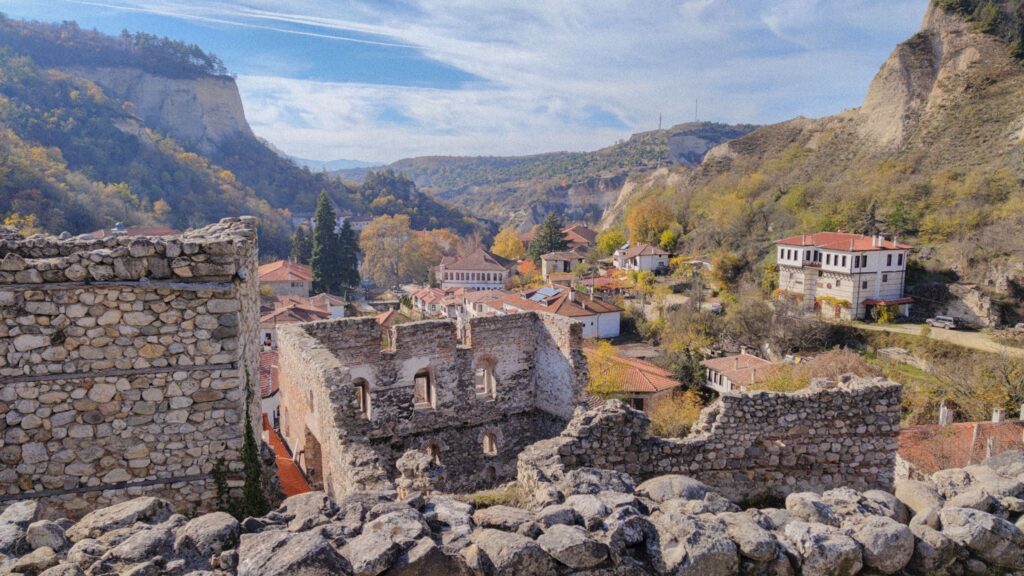 A bright landscape of the old town and rocky formations in Melnik, Bulgaria